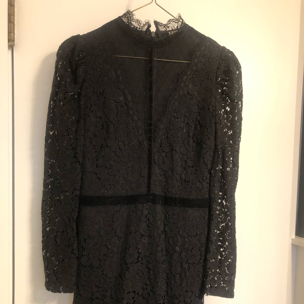 Express Black Lace Overlay Dress satin lining, velvet trim, zipper back